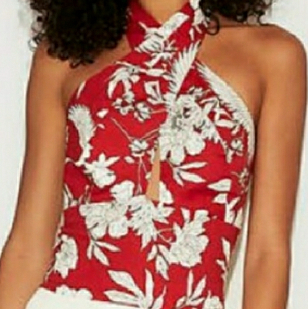 Express Women's Large Red Floral Crop Halter Top - Picture 2 of 8
